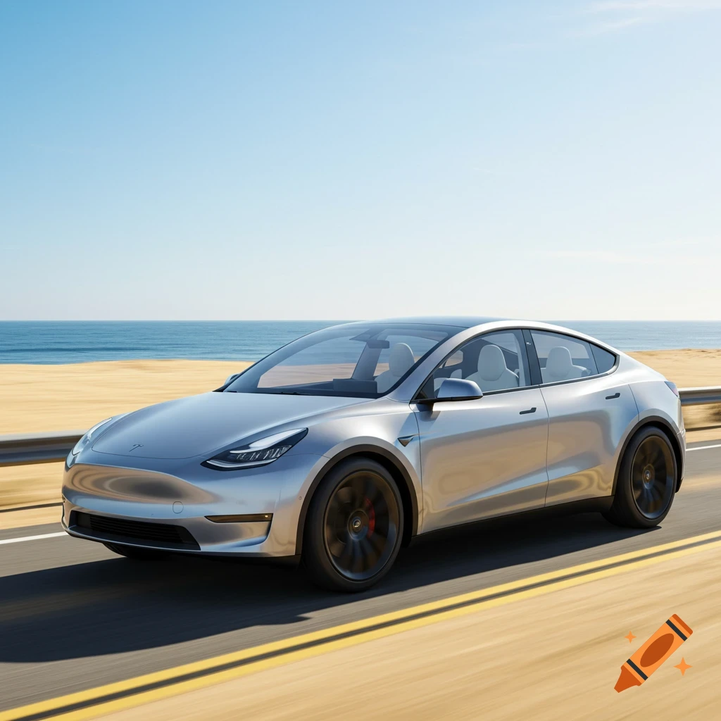 A silver Tesla car drives on a coastal road next to a sandy beach under a clear blue sky. The ocean is visible in the background.