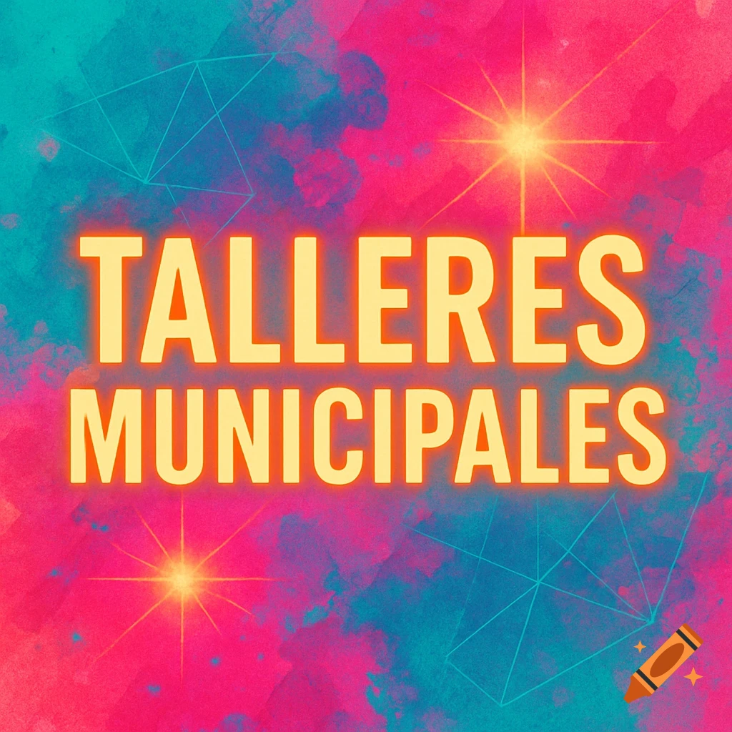 Vibrant abstract design with turquoise and pink watercolor background, featuring large orange text 'TALLERES MUNICIPALES' and light flashes.