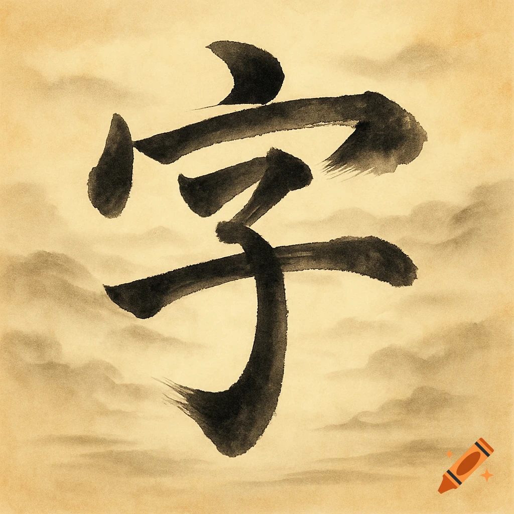 Traditional Chinese ink brush calligraphy of the character "" on textured, aged paper with subtle cloud patterns.
