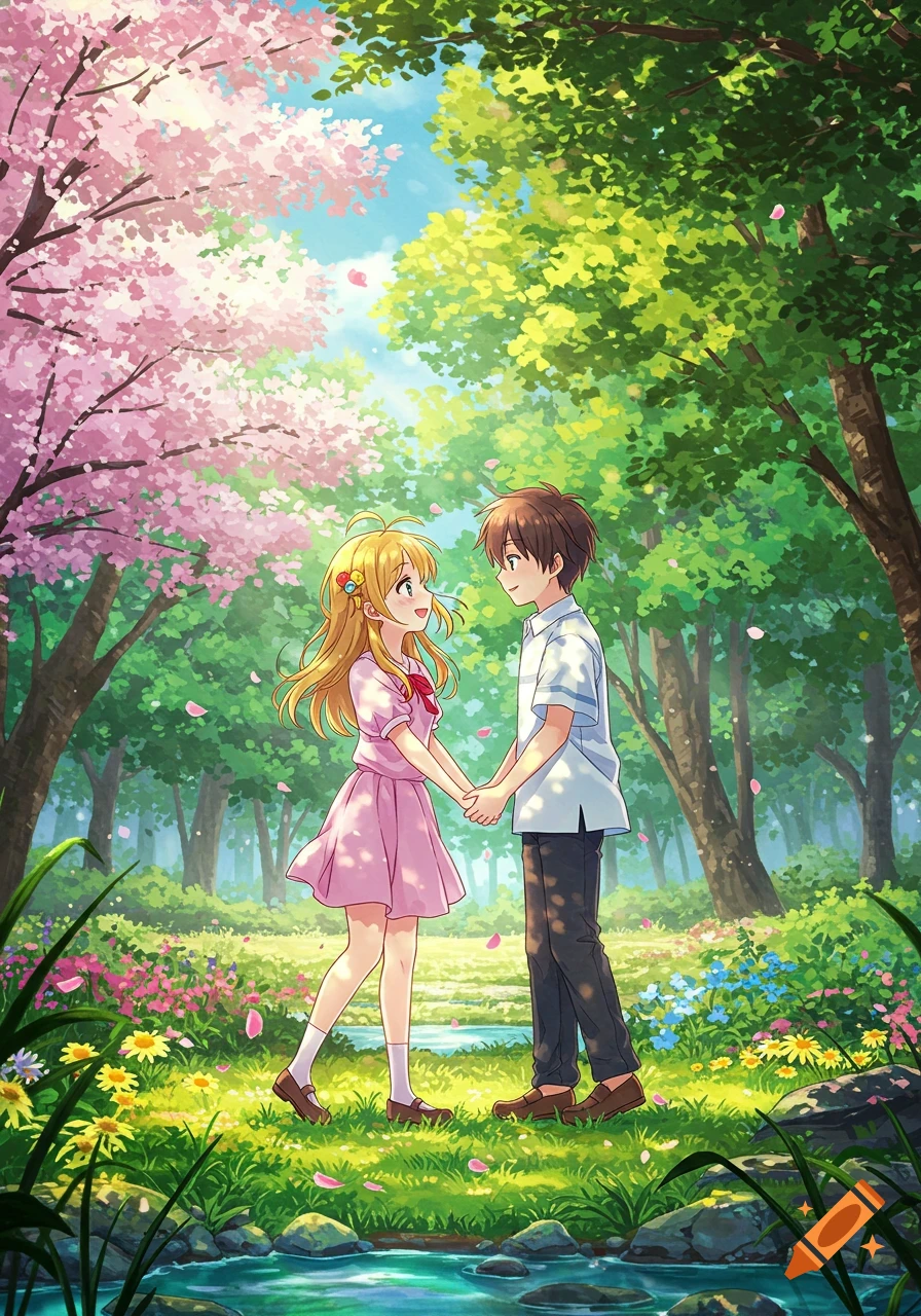 An anime couple holds hands and smiles at each other in a lush cherry blossom forest with a stream and wildflowers.
