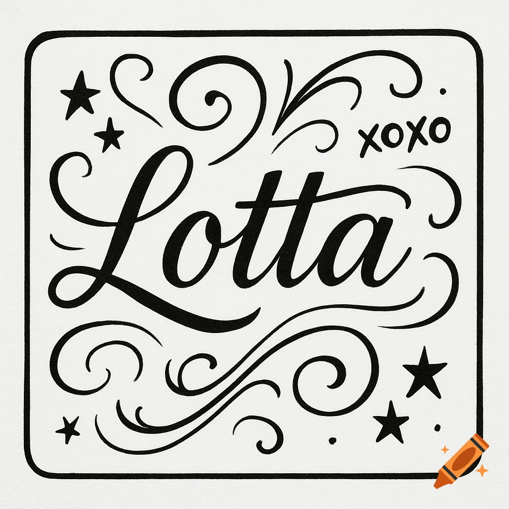 Black and white graphic design with the name 'Lotta' in script, surrounded by swirls, stars, and 'xoxo'.