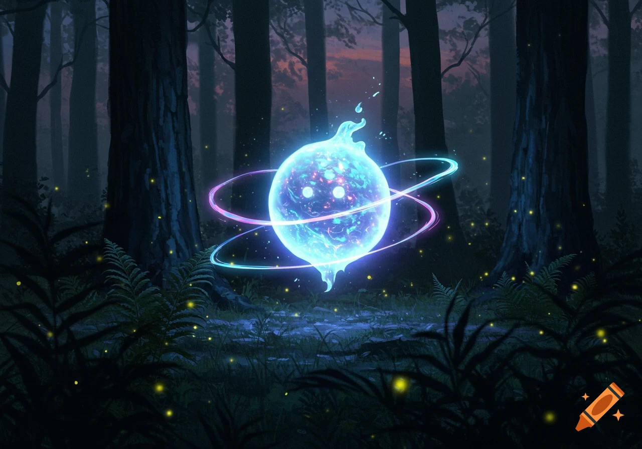 A glowing blue, orb-like fantastical creature with two eyes and surrounding rings floats in a dark, magical forest lit by fireflies.