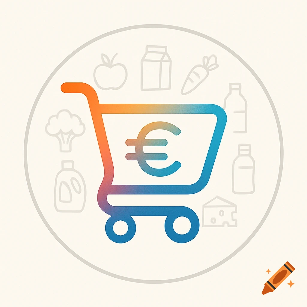 Stylized logo of a gradient-colored shopping cart with a Euro symbol inside, surrounded by faint grocery icons.