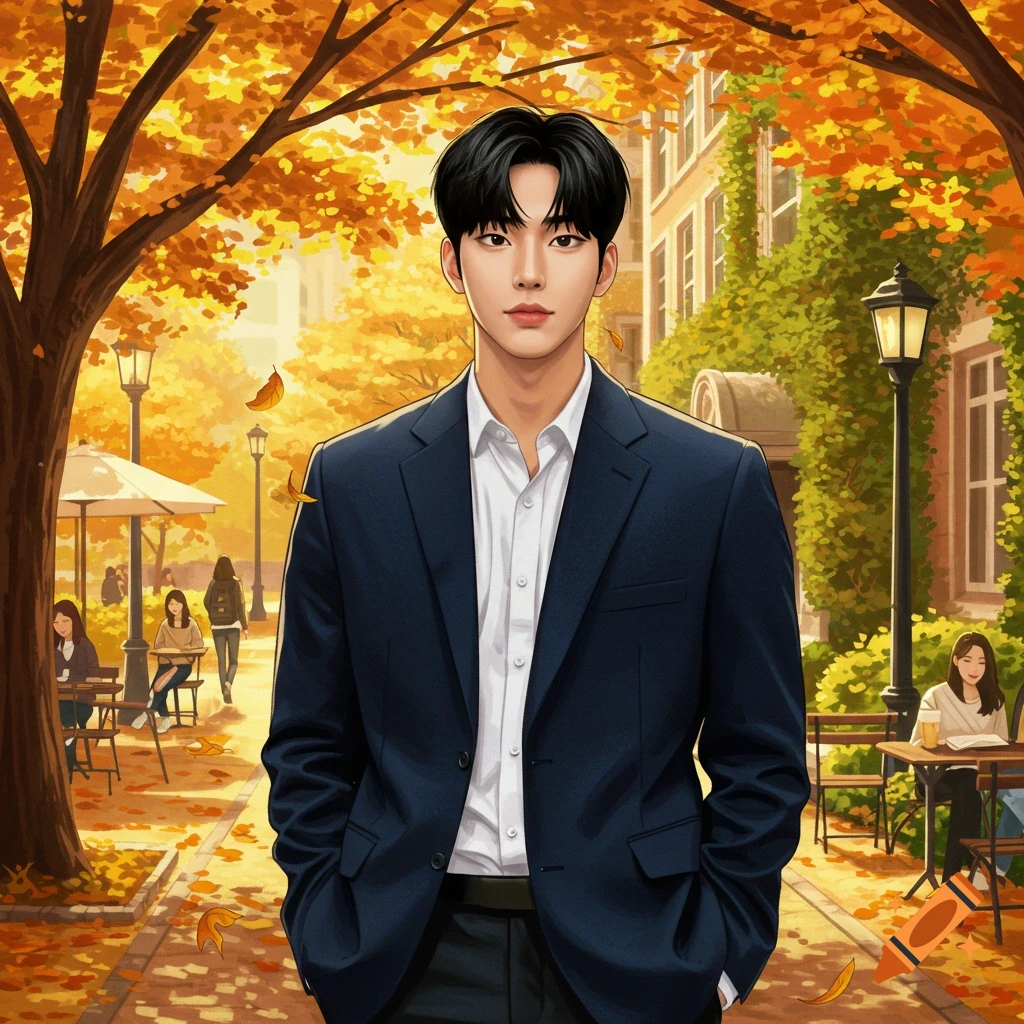 An anime-style illustration of a handsome young man in a dark suit jacket and white shirt, standing in an autumn park with orange trees.