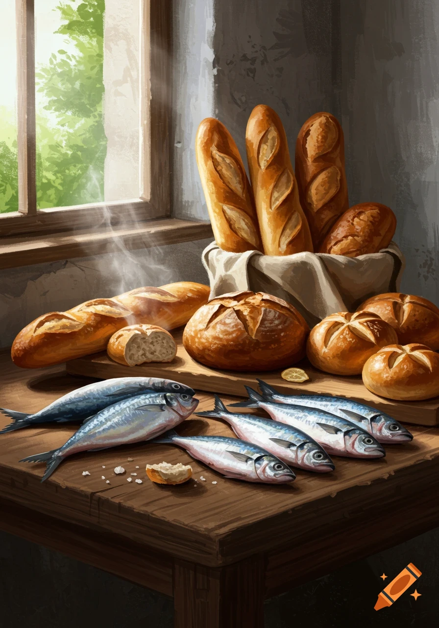 Still life painting of fresh bread loaves and raw fish on a rustic wooden table by a sunlit window.