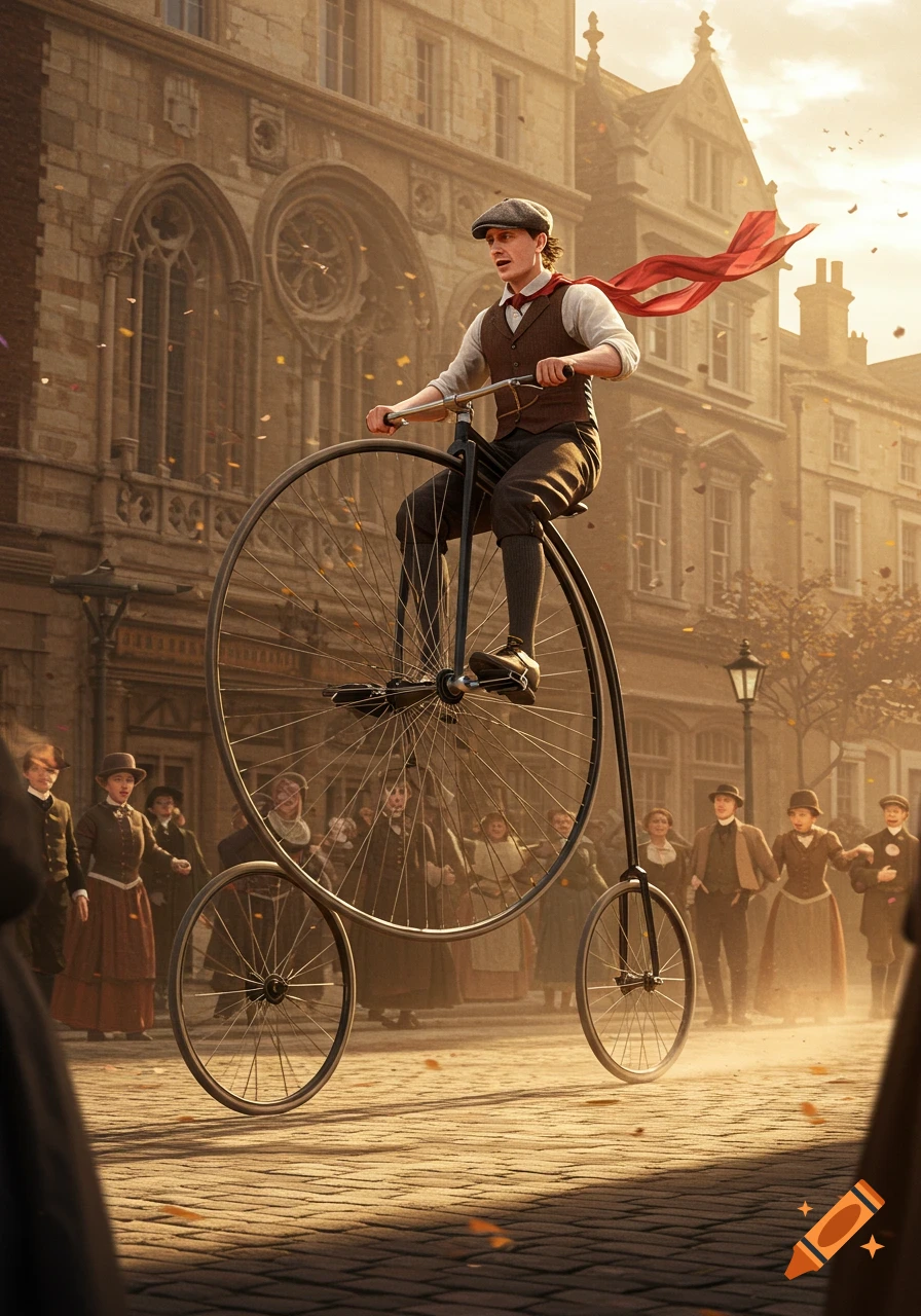 A man in historical attire rides a penny-farthing down a bustling cobblestone street with buildings in golden light and falling leaves.