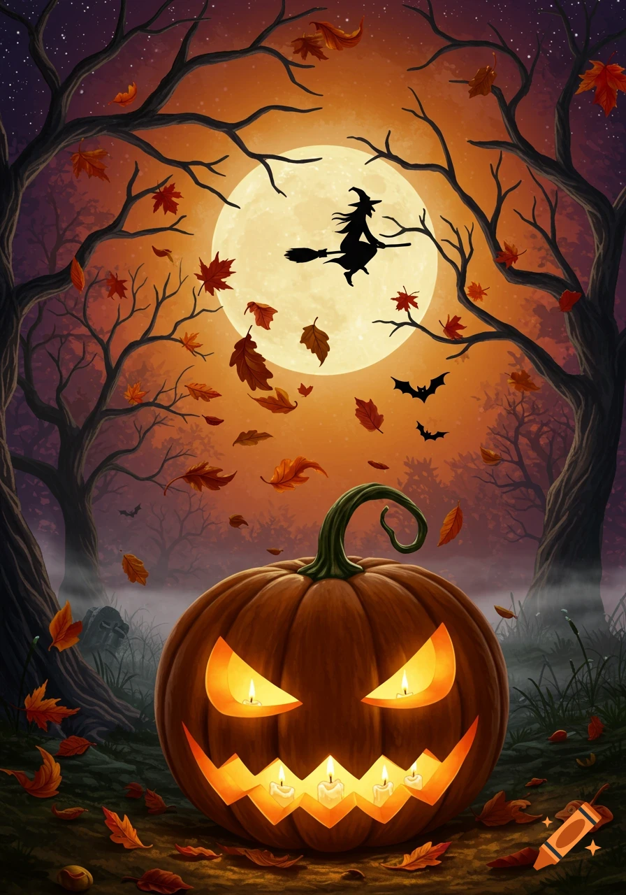 A vibrant Halloween illustration of a glowing jack-o'-lantern, a witch flying past a full moon, bats, and autumn leaves in a dark forest.