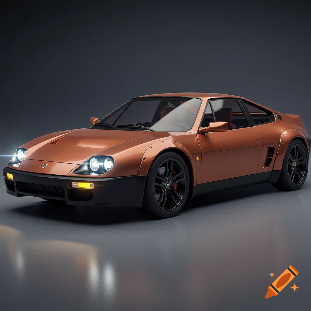 A realistic 3/4 front view of a copper-colored restomod car with black accents, modern LED lights, and wide fenders, on a dark background.