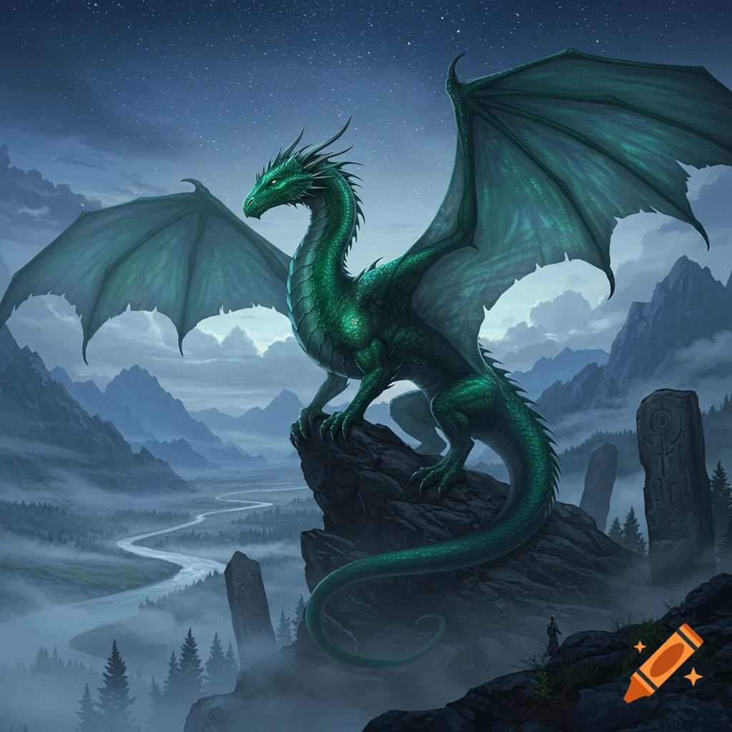A majestic green dragon perches on a rocky peak overlooking a misty mountain valley under a starry night sky, with a small figure below.