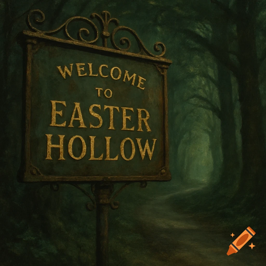 An antique dark green sign with golden text 'WELCOME TO EASTER HOLLOW' stands in a misty, dark forest with a path.