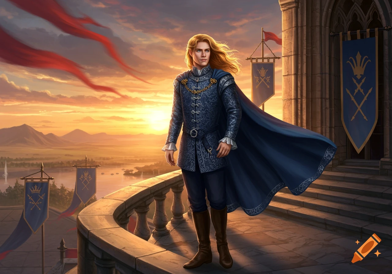 A blonde prince in a blue royal outfit with a flowing cape stands on a castle balcony at sunset, overlooking a valley.