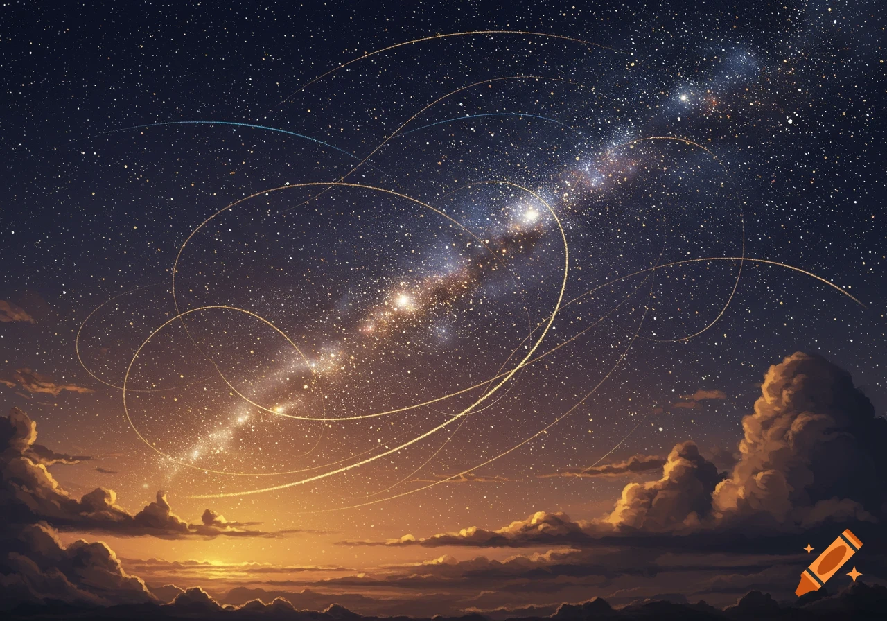 Vibrant, stylized night sky with a milky way, shooting stars, and clouds lit by a sunset glow.