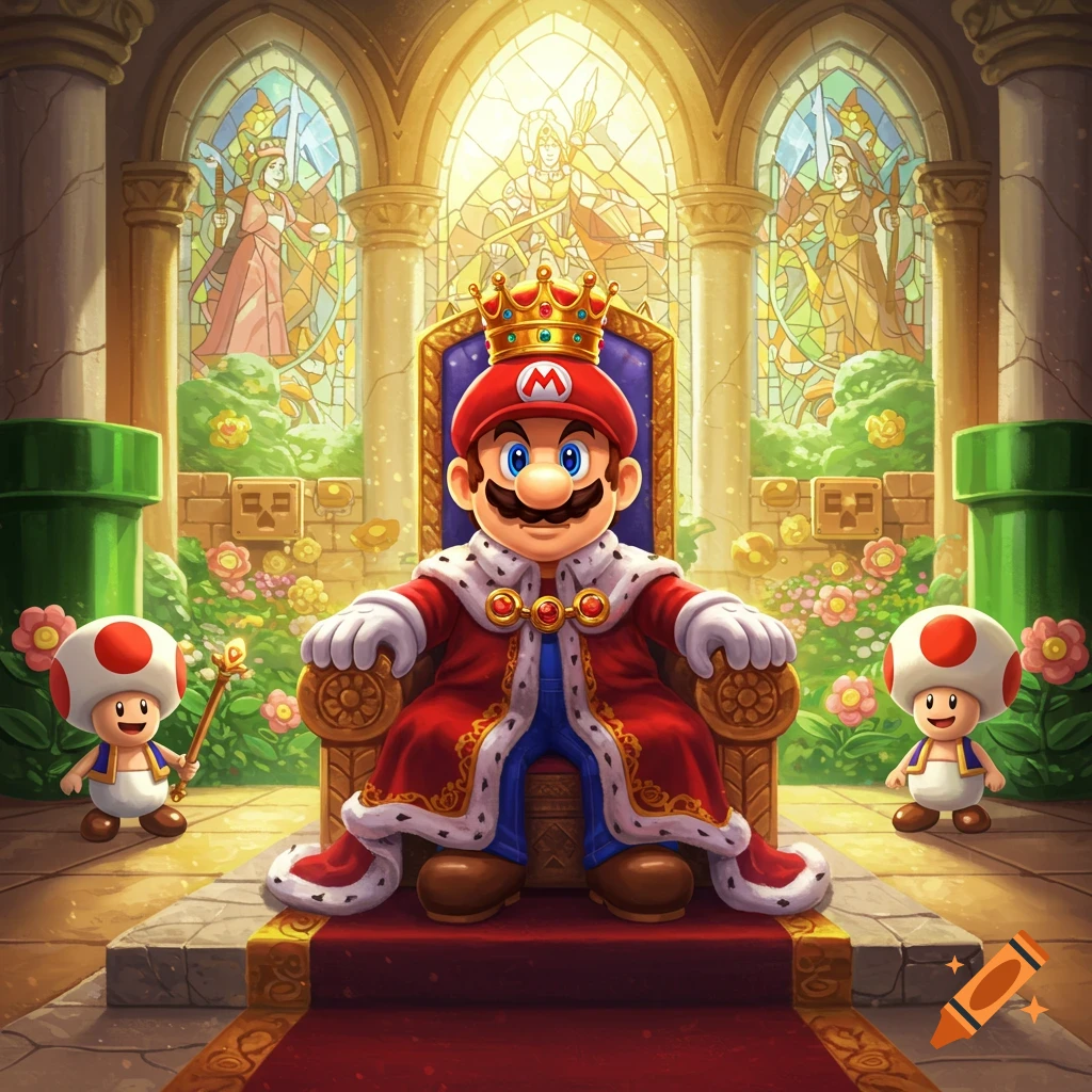Mario, dressed as a king in red robes and a crown, sits on a golden throne in a grand castle hall with stained glass windows, flanked by two Toads.