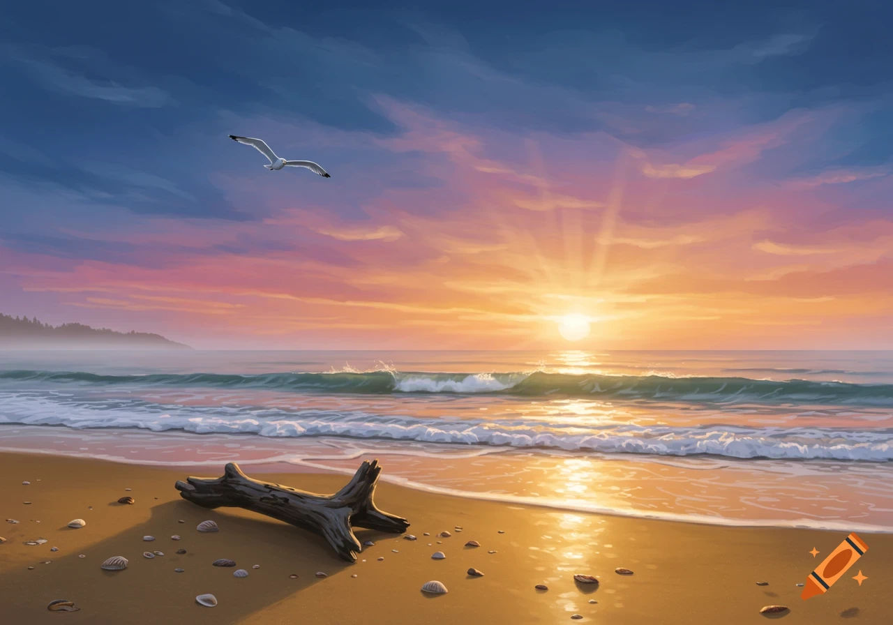 A vibrant sunset over a beach with ocean waves, a seagull flying, and a piece of driftwood on the sand.