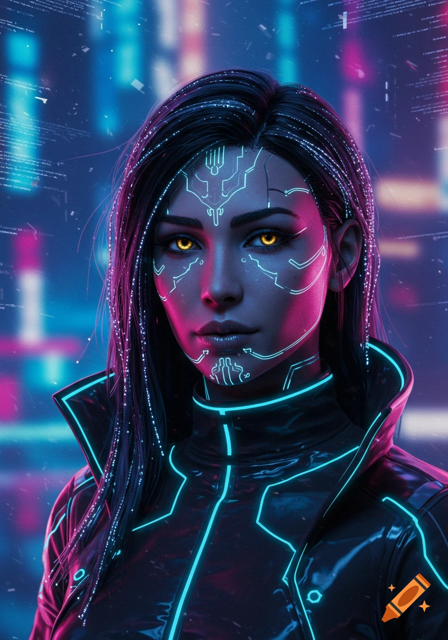 A cyberpunk portrait of a female netrunner with glowing amber eyes and data tattoos, wearing a black coat, against a neon city background.