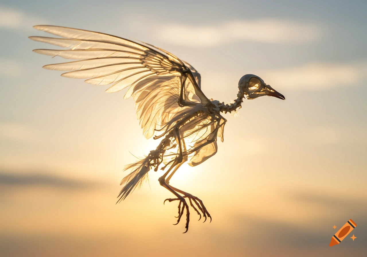 Photorealistic image of a detailed bird skeleton with translucent wing outlines, flying against a bright, warm sky.