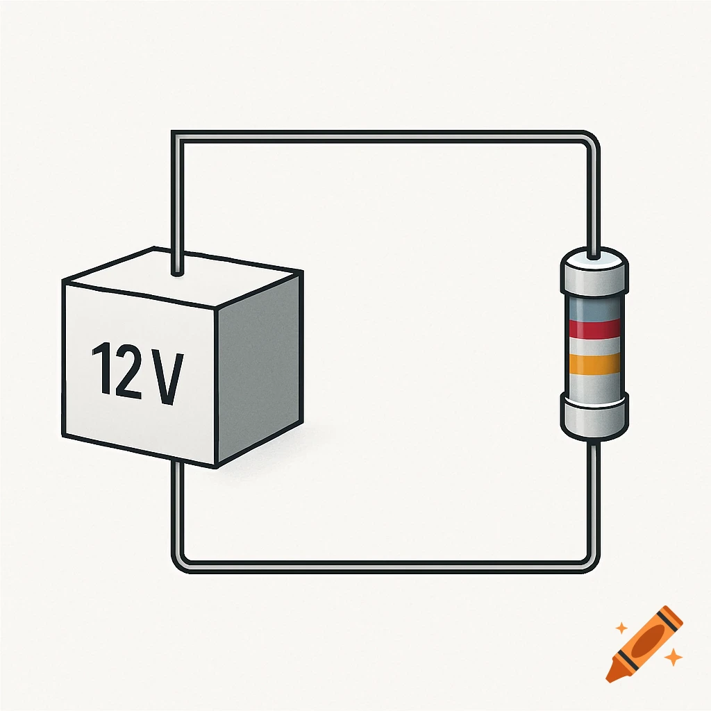 Simple illustration of an electrical circuit with a 12V power supply and a resistor.