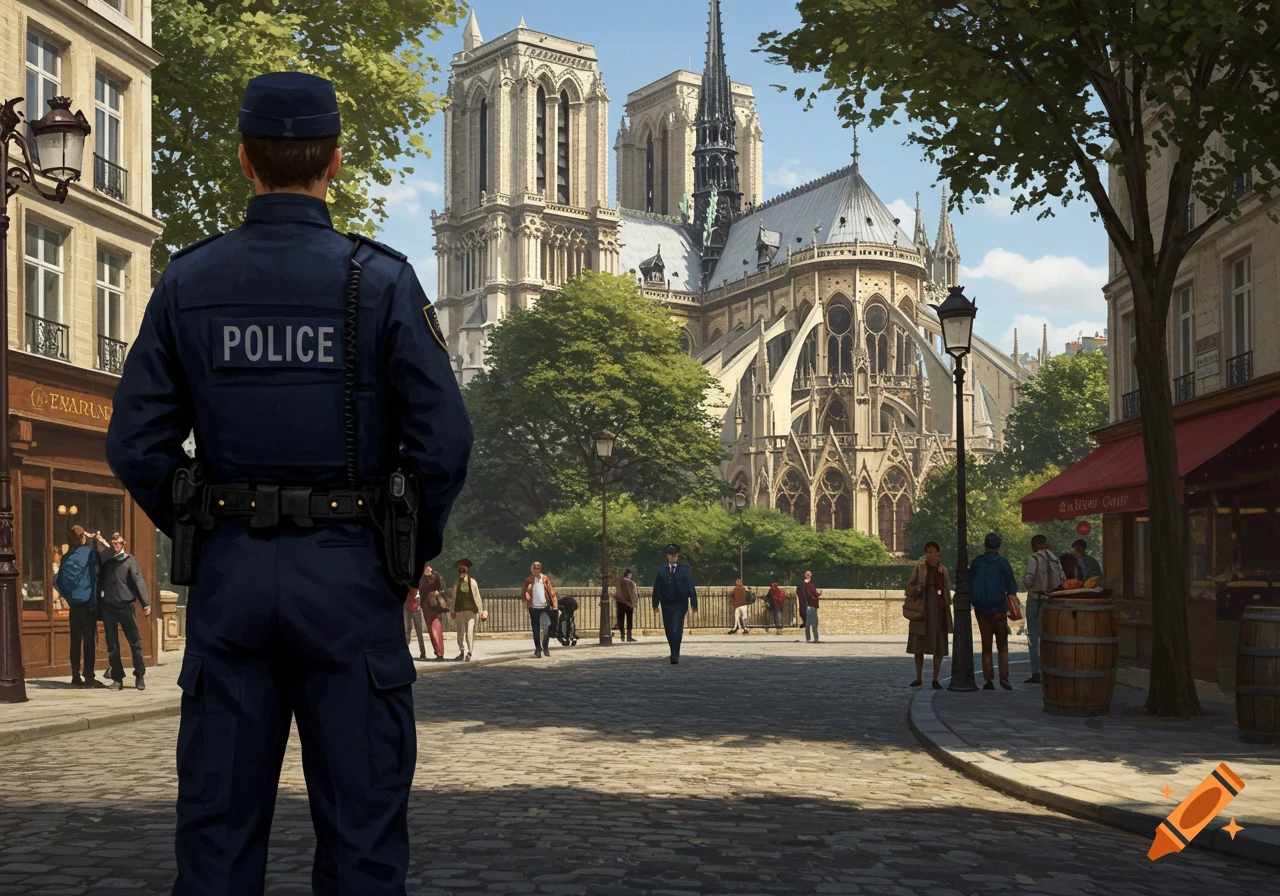 A police officer in a blue uniform stands with their back to the viewer, looking at Notre Dame Cathedral on a sunny street in Paris.