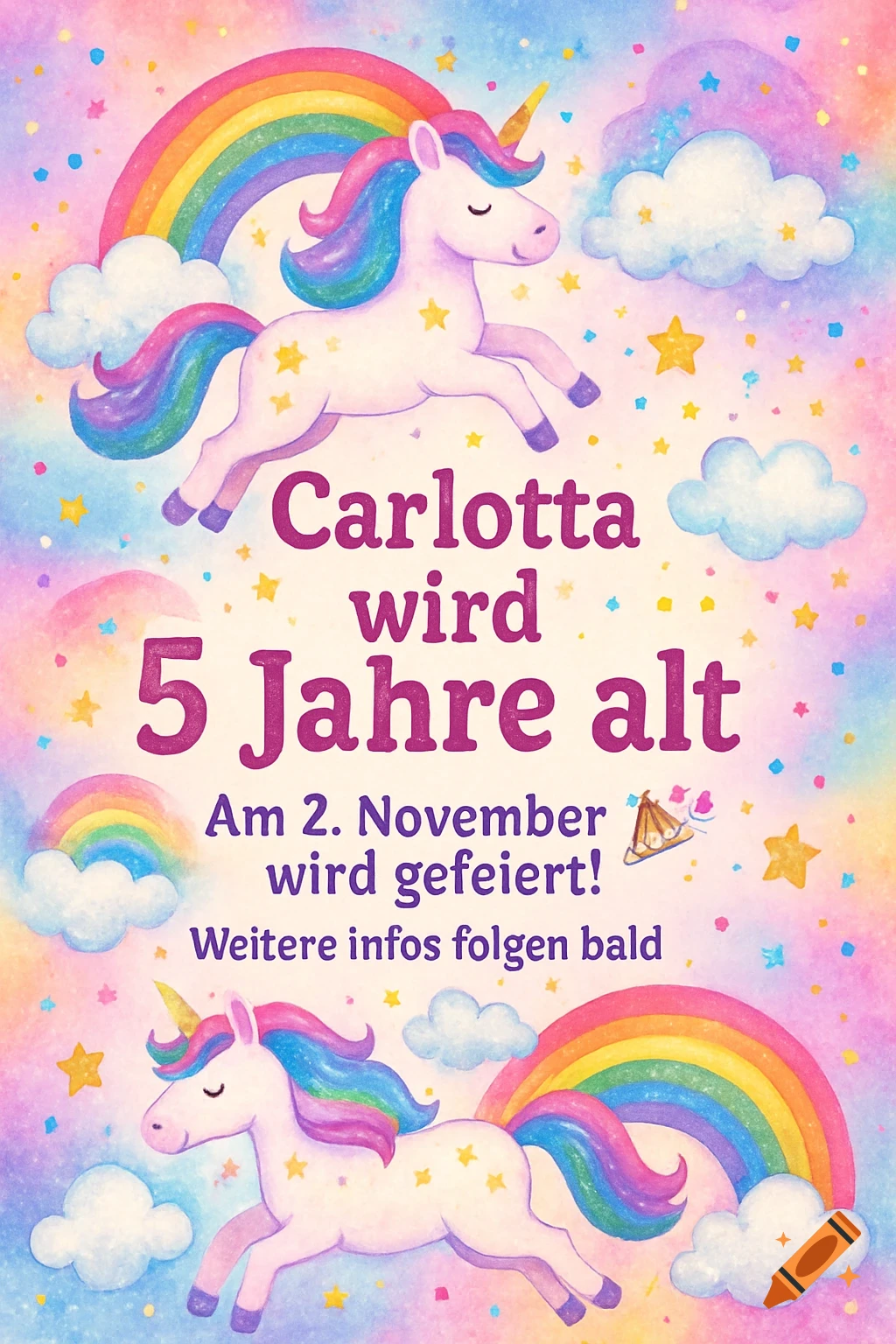 Watercolor birthday invitation with two unicorns, rainbows, clouds, stars, and text for Carlotta's 5th birthday.
