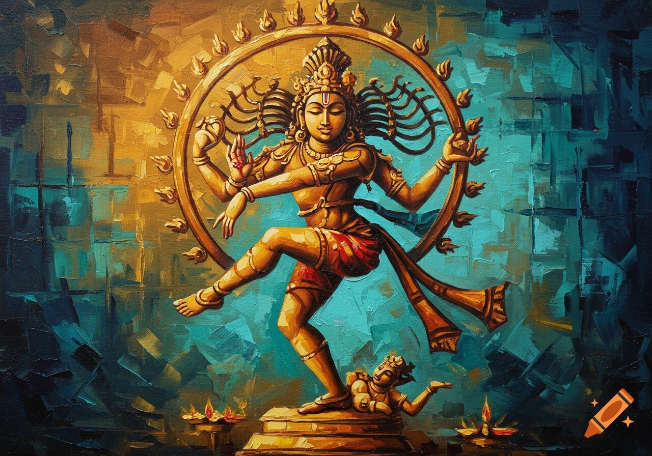 A vibrant oil painting depicting the golden Hindu deity Nataraja dancing, surrounded by a ring of flames, against a cubist teal and gold background.