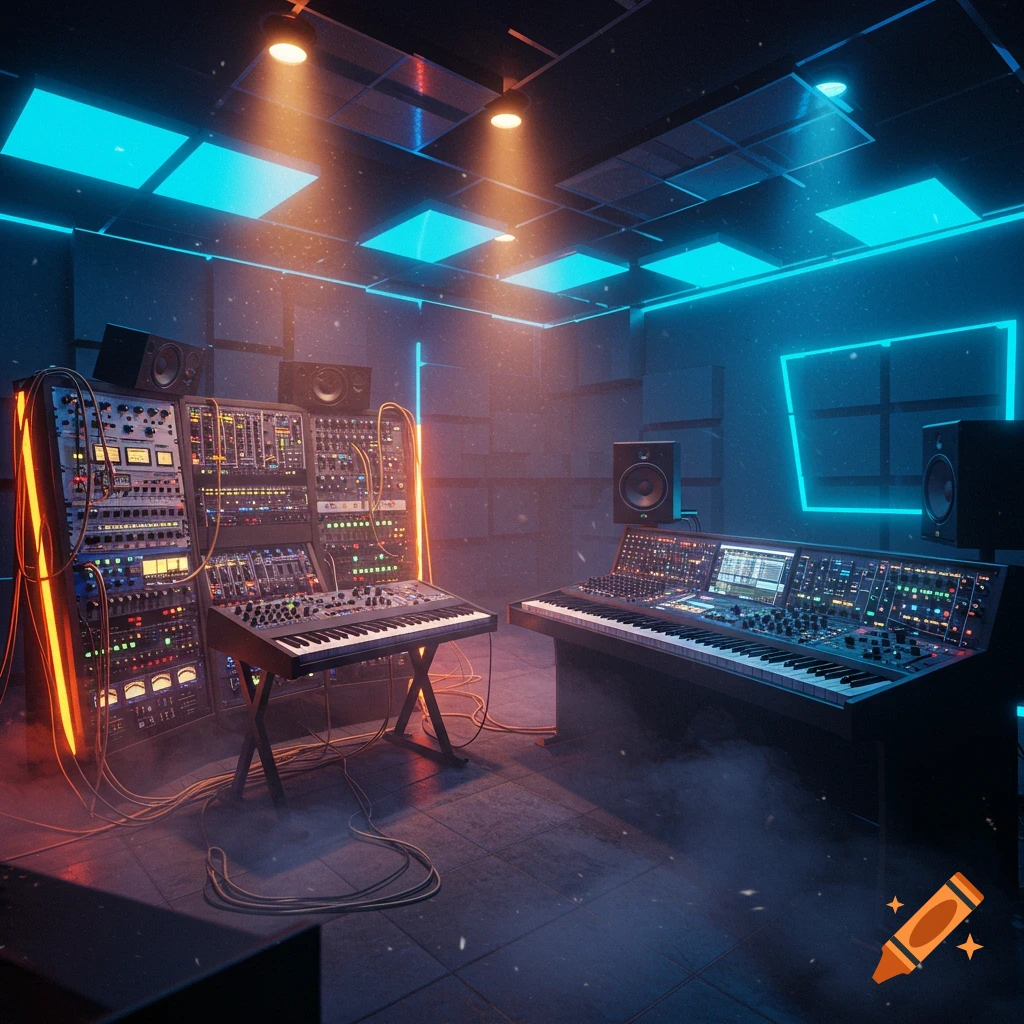 An elaborate music studio with synthesizers, mixing boards, and speakers, illuminated by neon blue and orange lights.