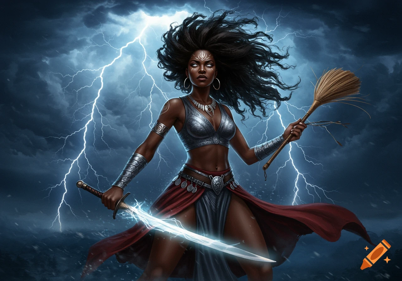 A fierce dark-skinned goddess with wild hair holds a glowing sword and fly whisk amidst a stormy sky with lightning.