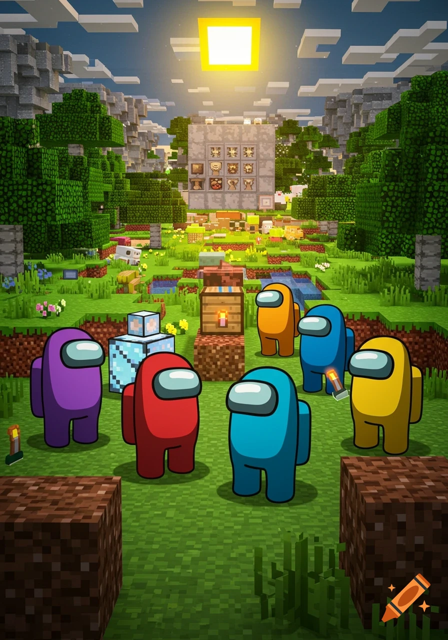 Colorful Among Us characters stand in a vibrant, blocky Minecraft world with trees, grass, and a large structure under a pixelated sun.