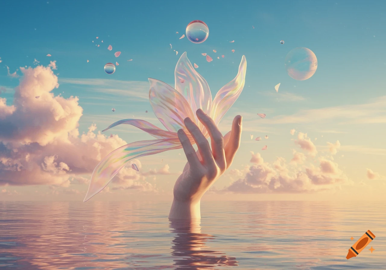 A surreal image of a hand emerging from water, holding a translucent, iridescent lotus-like flower under a cloudy sky with bubbles.
