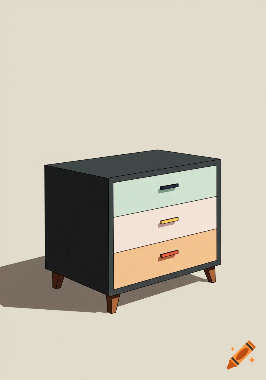 A simple, blocky 2D graphic style clothes dresser with dark grey sides and three drawers in mint green, pale pink, and orange, standing on a light background.