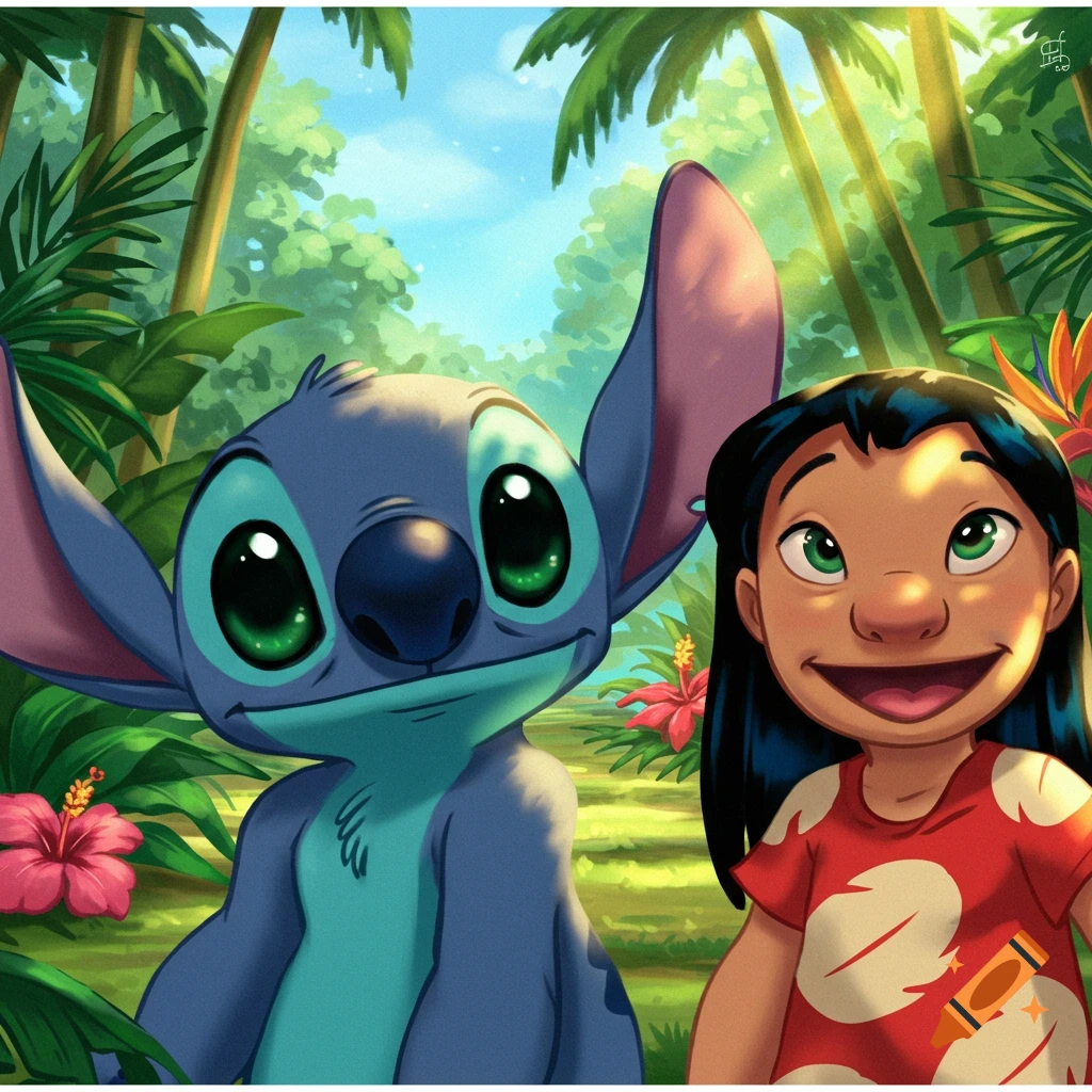 Cartoon image of Lilo and Stitch in a lush tropical jungle with sunlight filtering through palm trees.