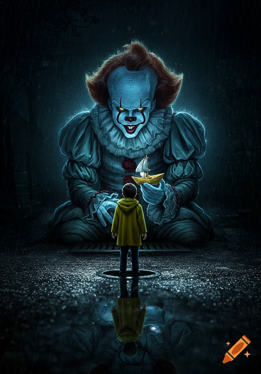 Stylized illustration of Pennywise holding a boat in a gutter, a child in a yellow raincoat looking down at him in the rain.