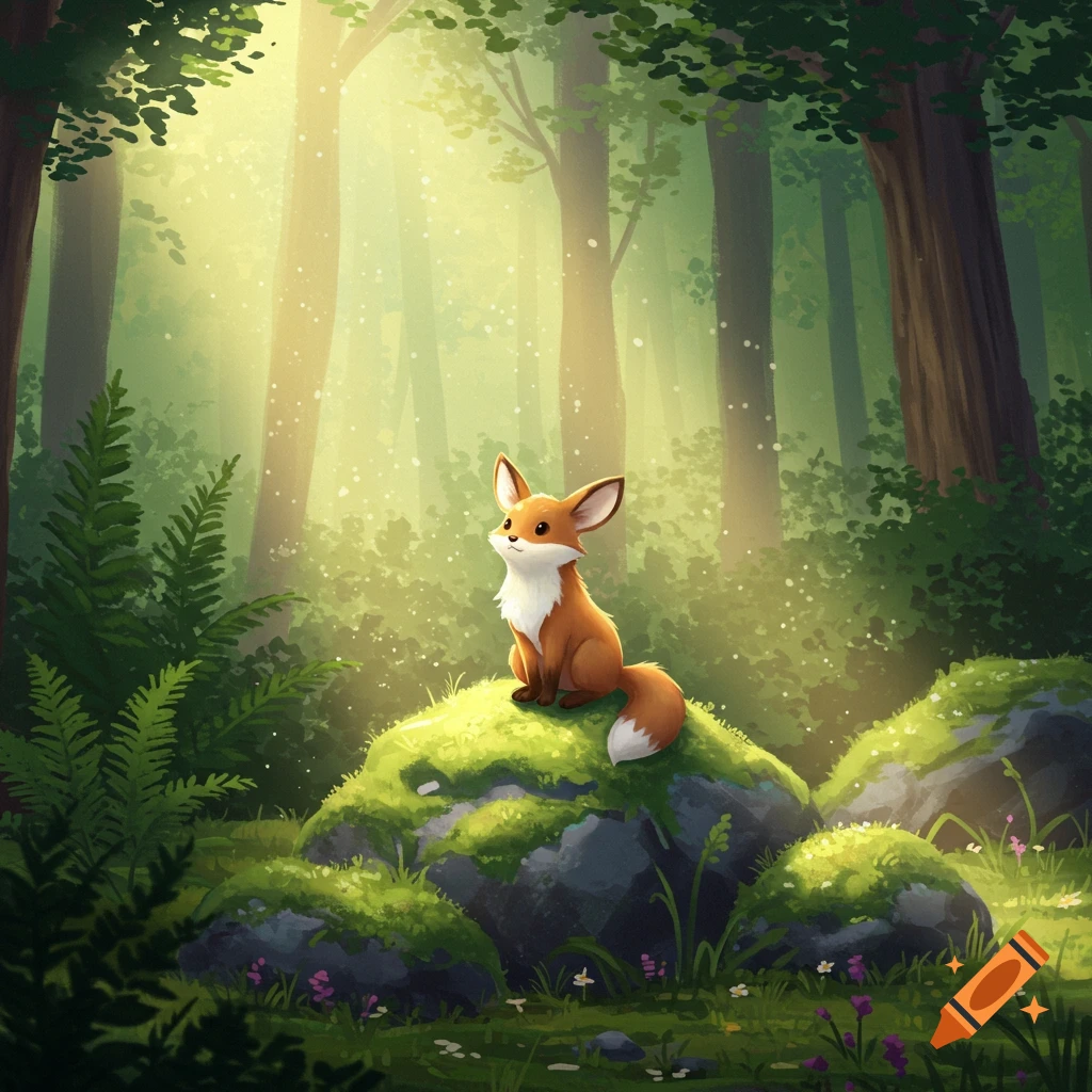 A cute cartoon fox sits on a mossy rock in a sunlit, whimsical forest.