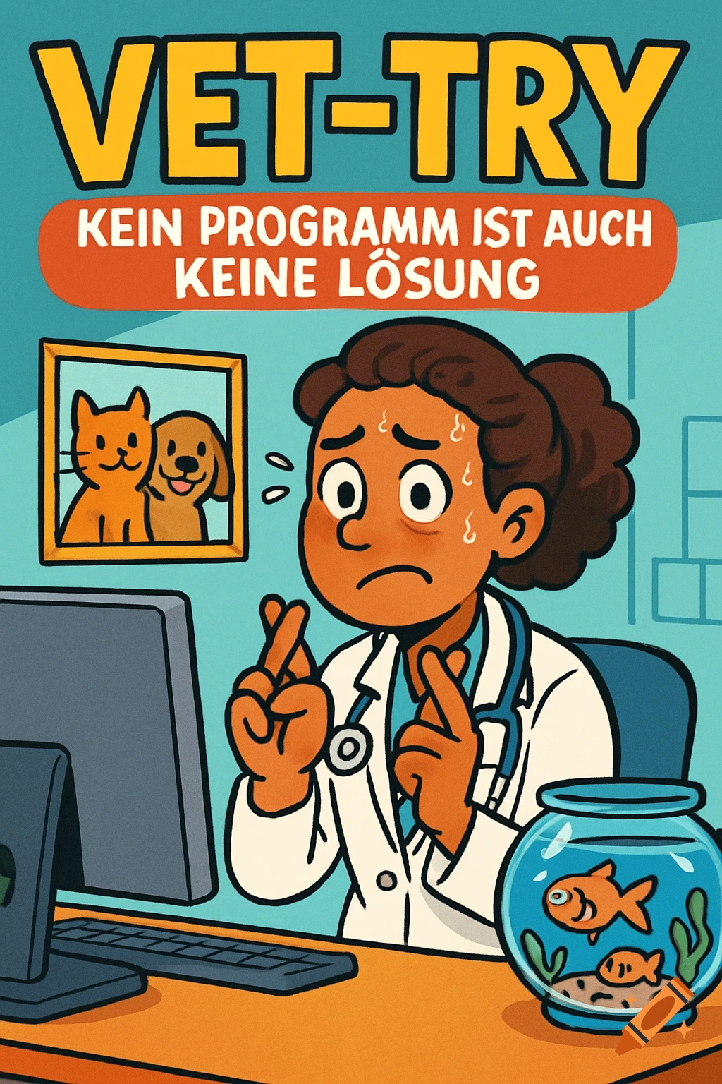 Cartoon of a worried vet crossing fingers at a computer with pets, text 'VET-TRY, Kein Programm ist auch keine Lösung'.
