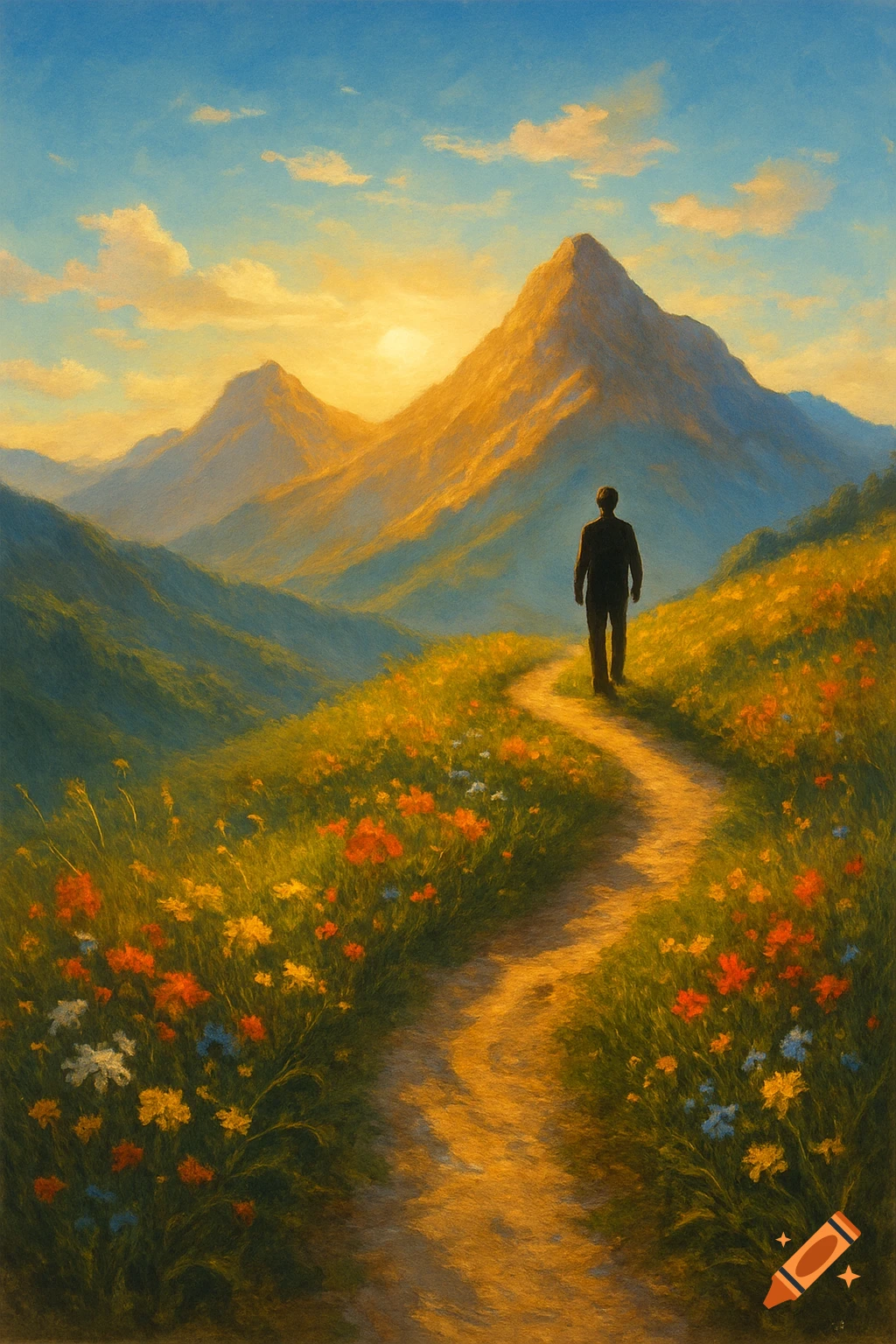 A person walks along a winding path through a field of colorful wildflowers towards sun-kissed mountains at sunset, in a painterly style.