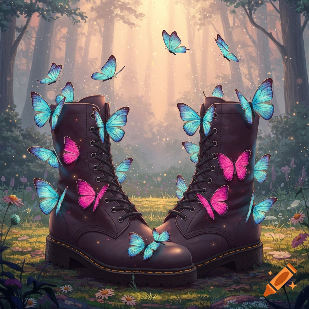 A pair of dark combat boots stand in a sun-dappled magical forest, covered with vibrant blue and pink butterflies.