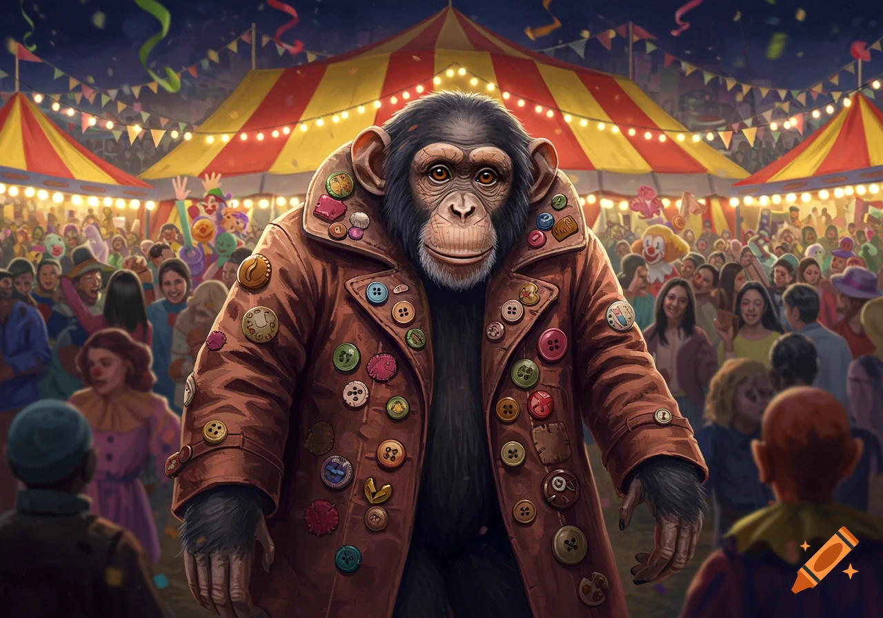 A digital art image of a chimpanzee in a brown overcoat covered in colorful buttons, standing at a bustling carnival with tents and lights.