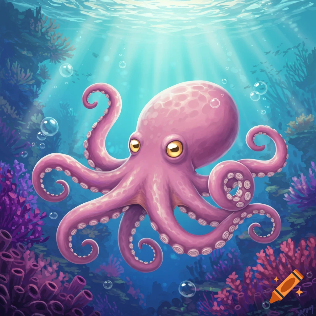A cute, pink cartoon octopus floats in a vibrant blue ocean surrounded by colorful coral and sun rays filtering through the water.