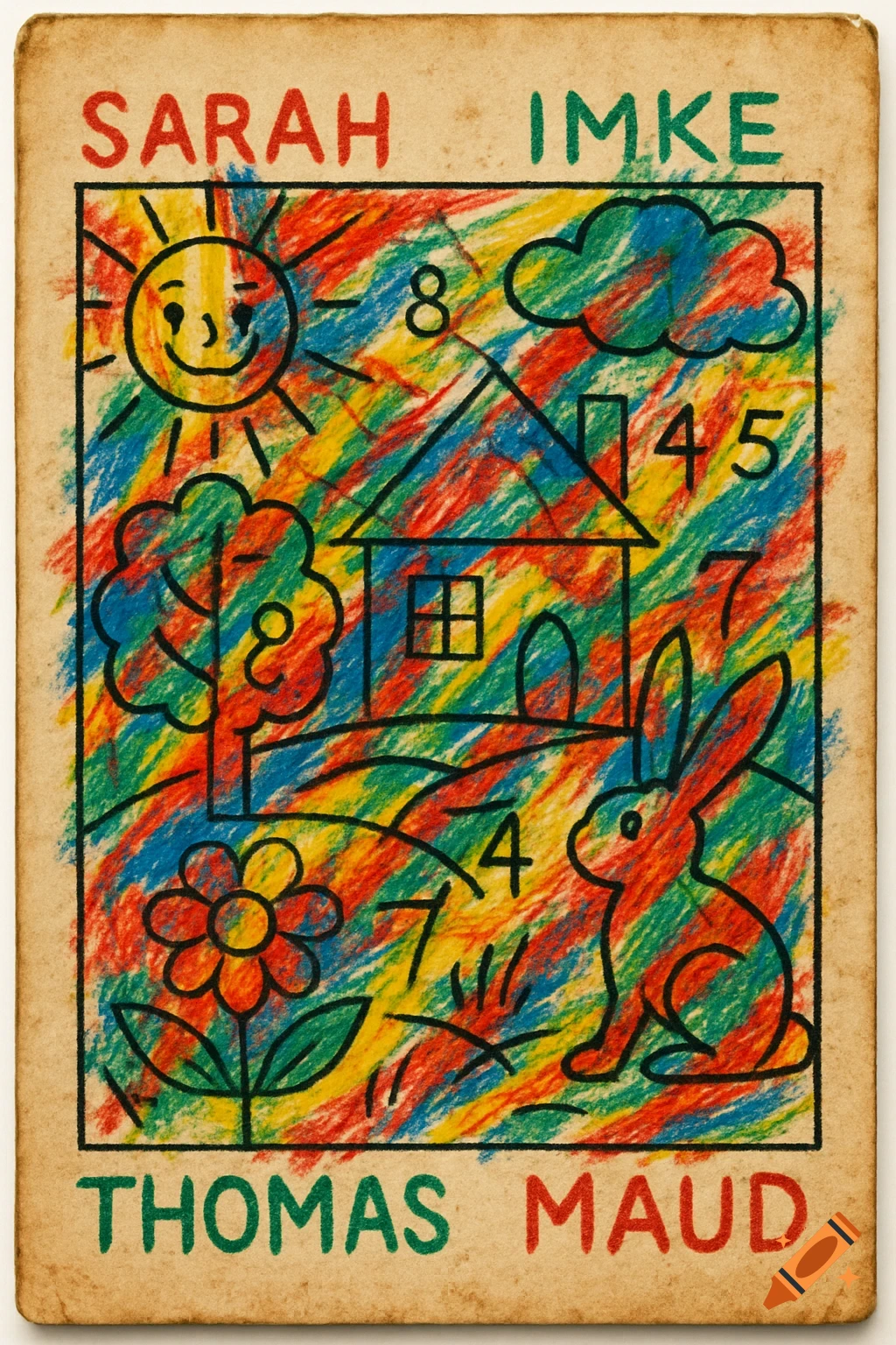 A child-like crayon drawing on aged paper, featuring a colorful landscape with a sun, house, tree, flower, rabbit, names, and numbers.