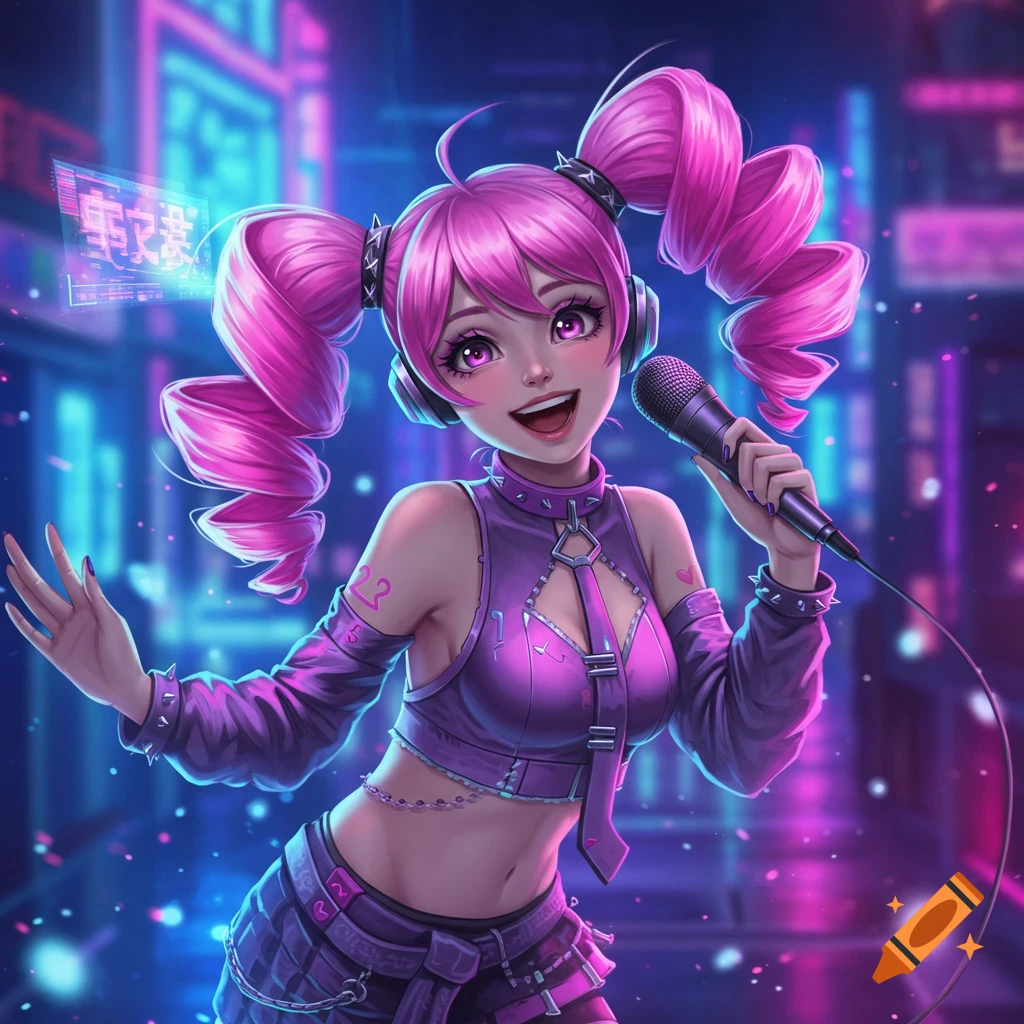 Pink-haired anime girl in a purple crop top and skirt sings into a microphone in a neon cyberpunk city.