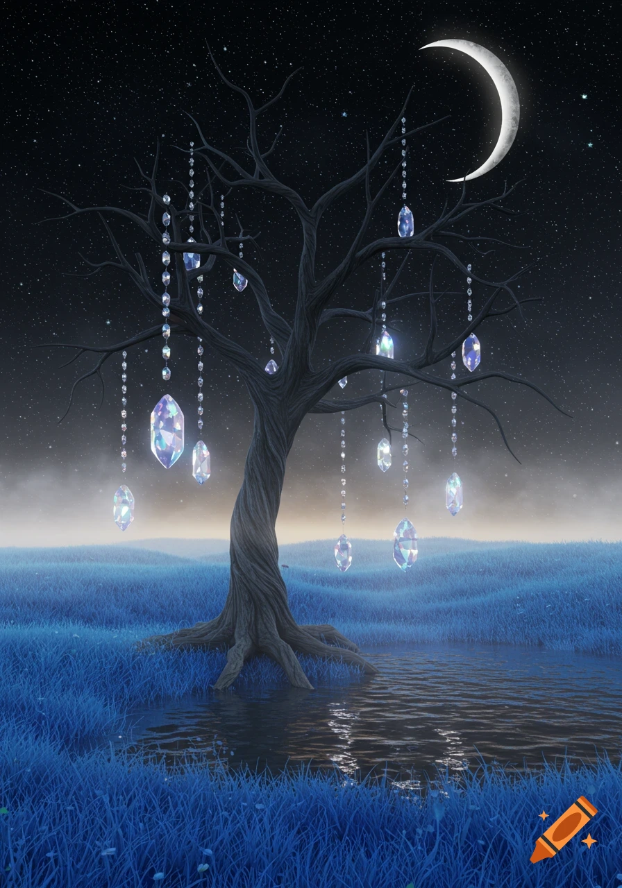 A twisted, dark tree adorned with dangling, glowing crystals stands in a blue grassy field with a pool of water, under a starry night sky and crescent moon.
