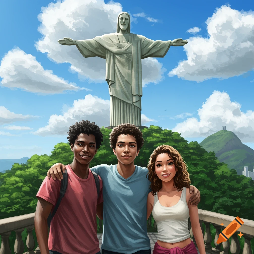 Two young men and a young woman pose smiling in front of the Christ the Redeemer statue in Rio de Janeiro, digital illustration.