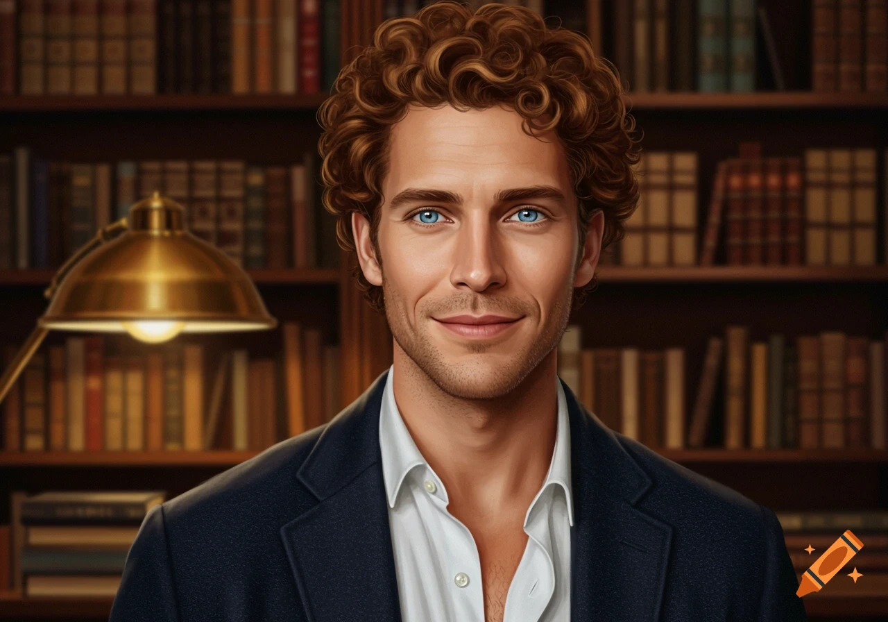 A photorealistic portrait of a handsome man with curly brown hair and bright blue eyes, smiling in front of a bookshelf.