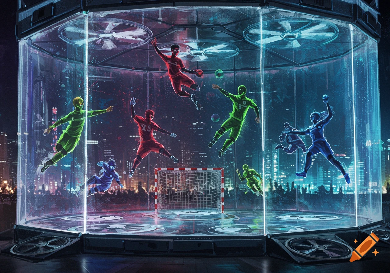 Futuristic digital art of stylized athletes playing handball in a glowing glass arena with fans in the floor, overlooking a city at night.
