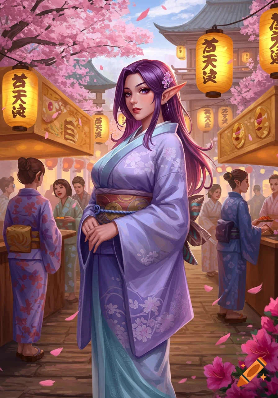 A beautiful elven woman with purple hair in a purple kimono stands at a Japanese spring festival under cherry blossoms, surrounded by lanterns.