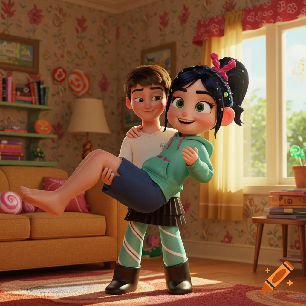 Animated character Vanellope von Schweetz is being carried by a teenage boy in a brightly lit, patterned living room.