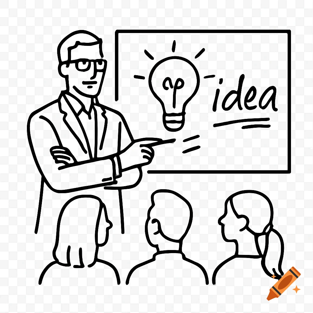 Black and white line art illustration of a teacher pointing at a whiteboard with a lightbulb and 'idea' text, as three students watch.