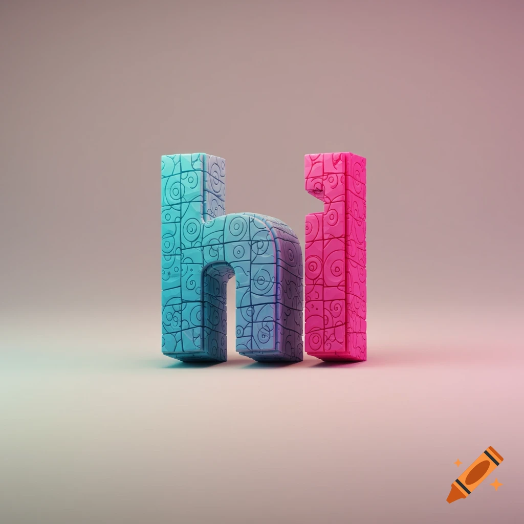 3D rendered stylized letters 'h' in blue and 'i' in pink, with intricate swirl patterns, on a light gradient background.