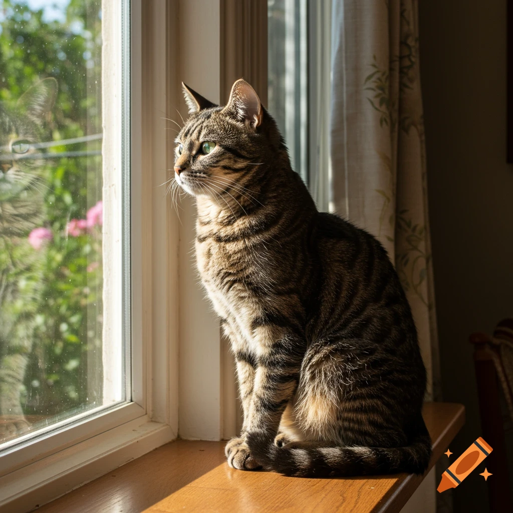 A photorealistic tabby cat with green eyes sits on a wooden windowsill, bathed in sunlight, looking out at a green garden.