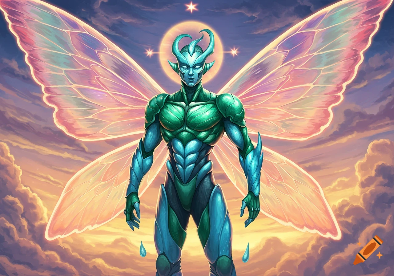 A green and blue winged, horned superhero with iridescent butterfly wings against a sunset sky.