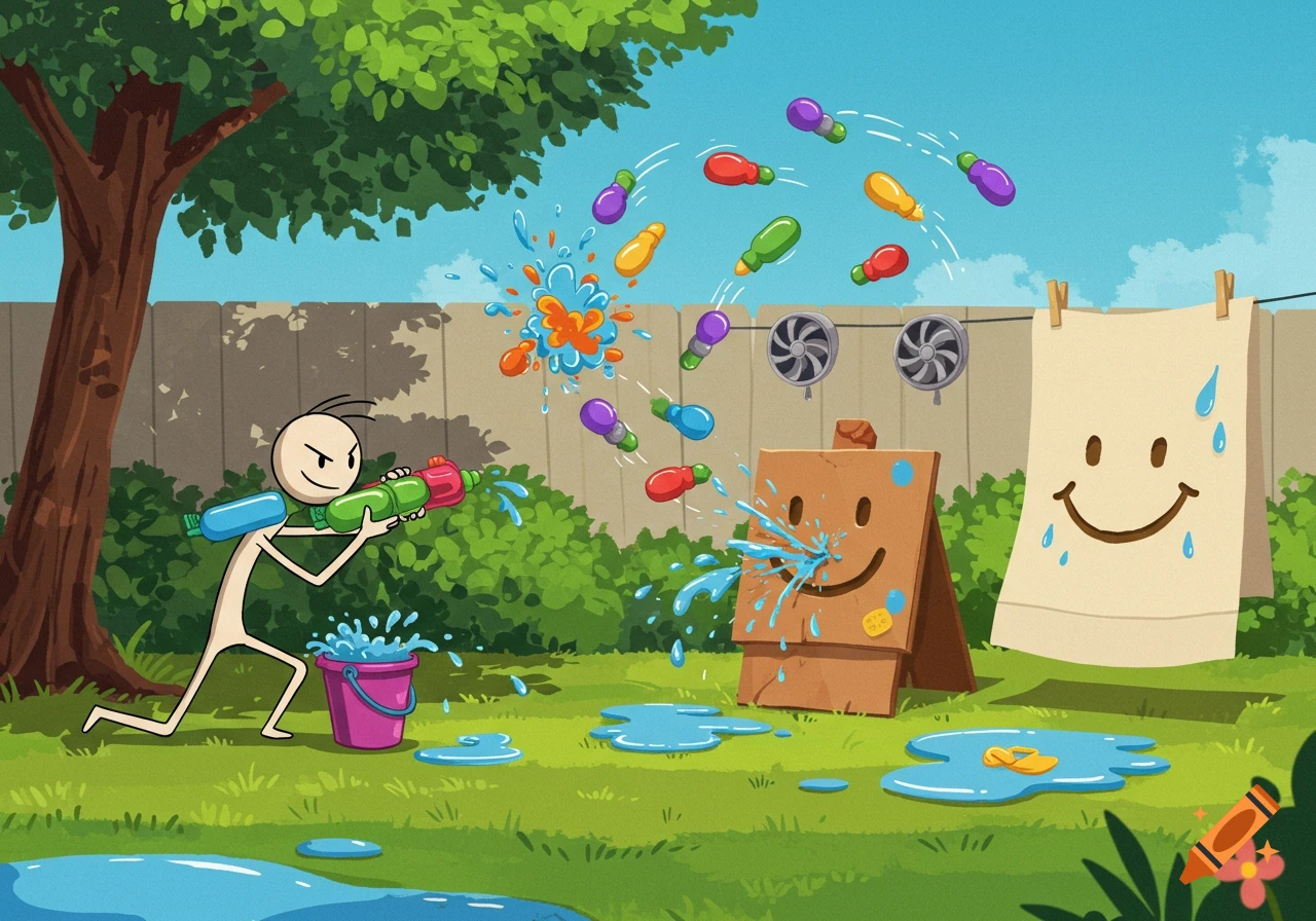 A cartoon stick figure aims a water gun at a cardboard target and a towel, with water bombs and splashes around in a sunny backyard.